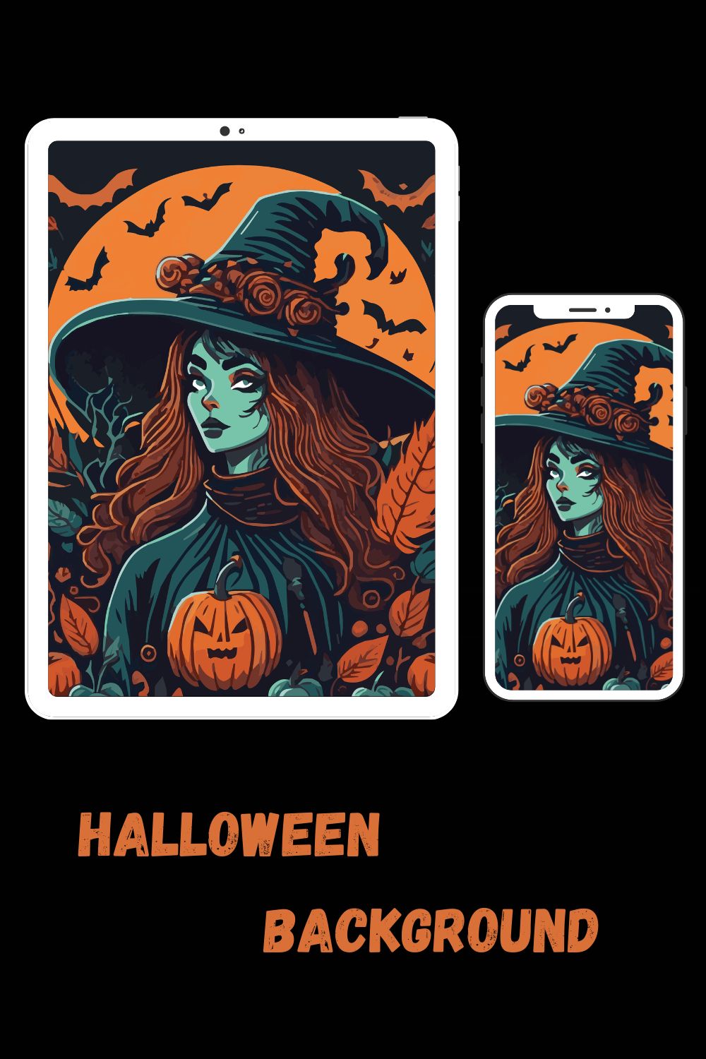Halloween Background Witch With Pumpkins pinterest preview image.