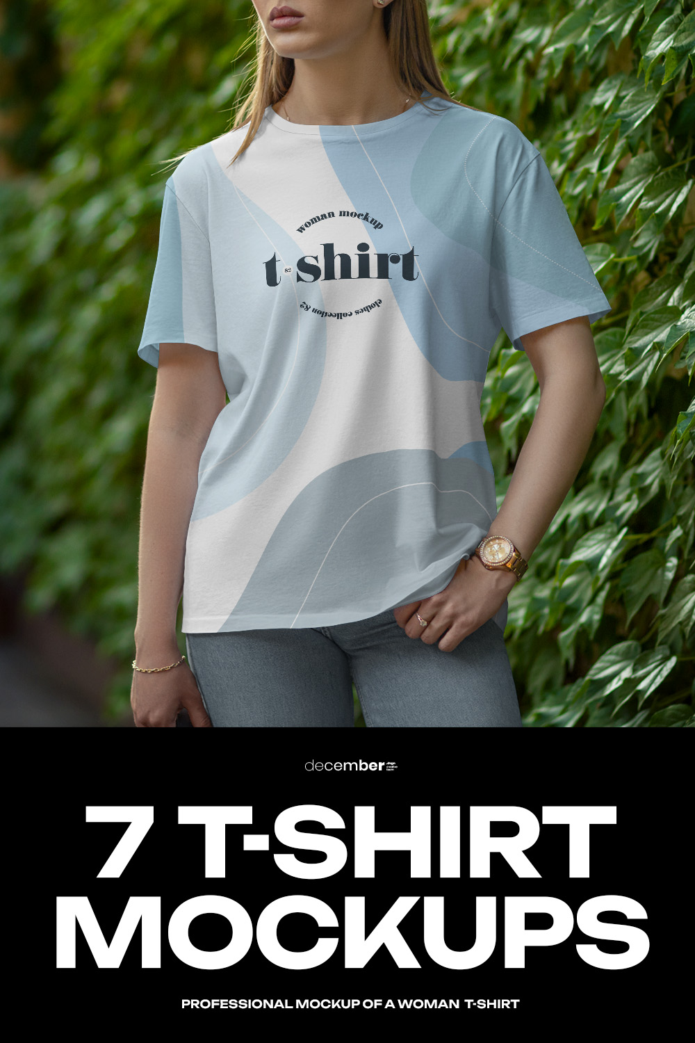 7 Mockups T-Shirt on a Girl Walking in the Green Street pinterest preview image.