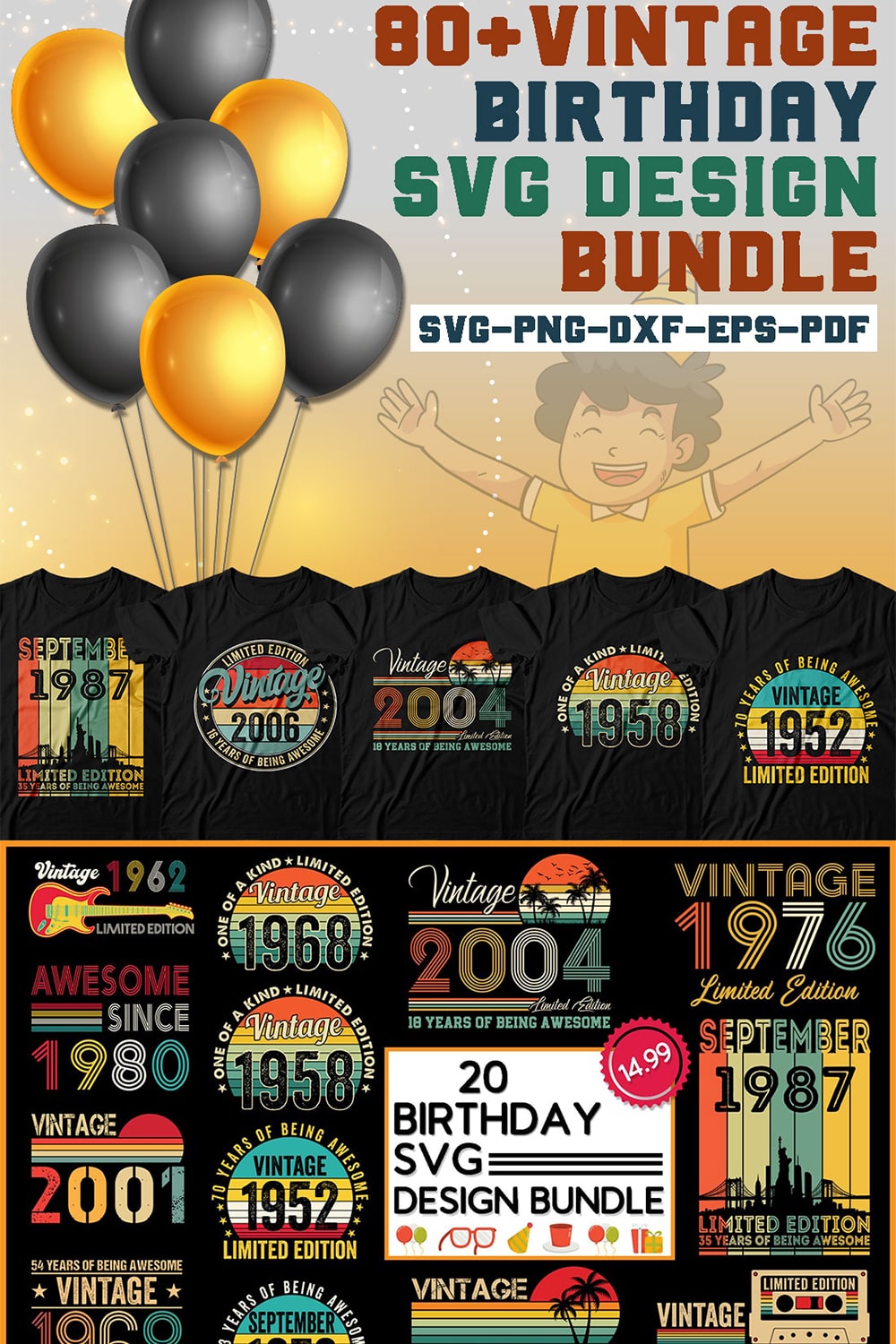 Vintage Birthday Svg Design Bundle pinterest preview image.