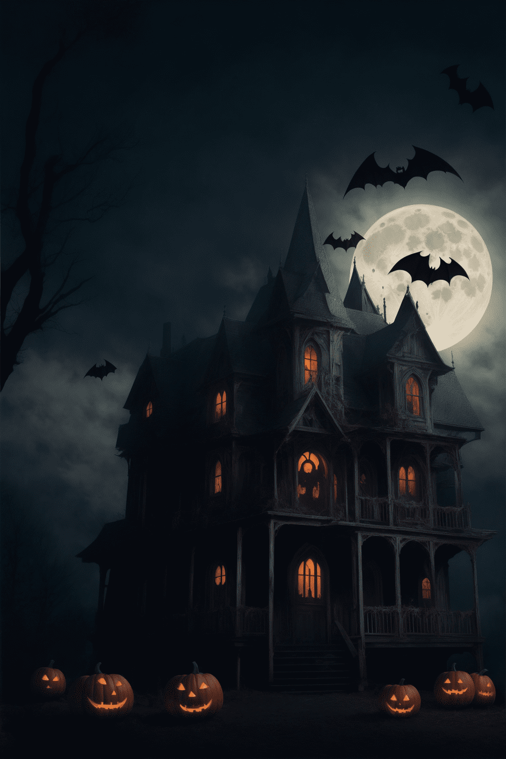 Mystical Halloween Haunted House Under the Full Moon pinterest preview image.
