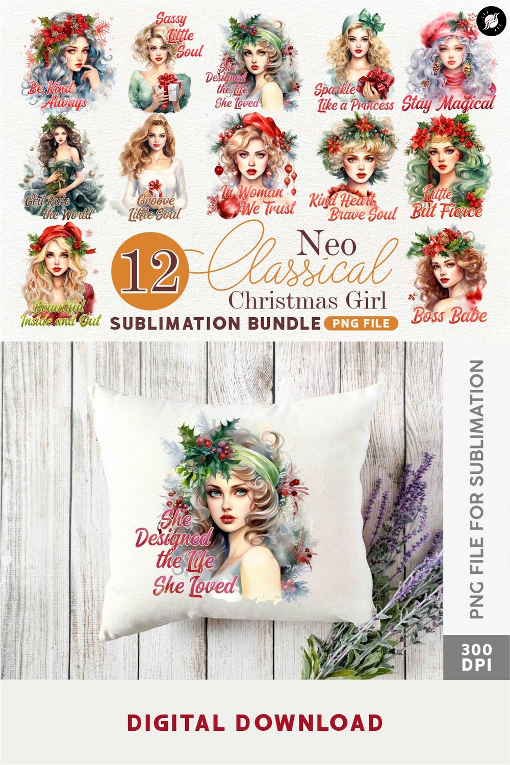 No Classical Christmas Girl Sublimation PNG Bundle pinterest preview image.