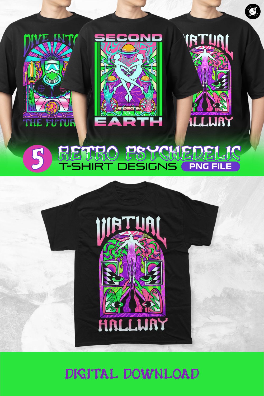 Retro Psychedelic Futuristic T-shirt Designs PNG Bundle pinterest preview image.