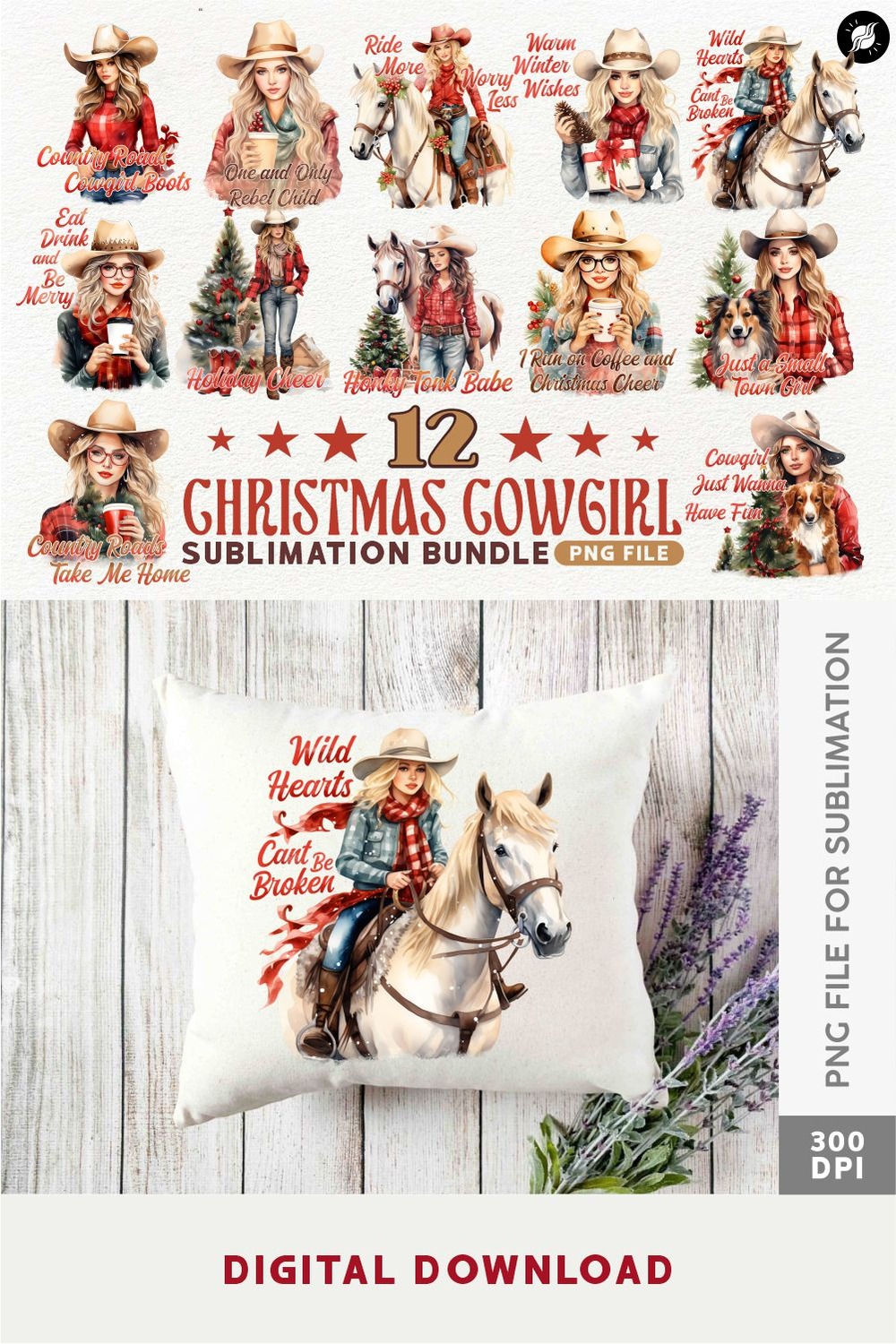 Christmas Cowgirl Sublimation Designs PNG Bundle pinterest preview image.