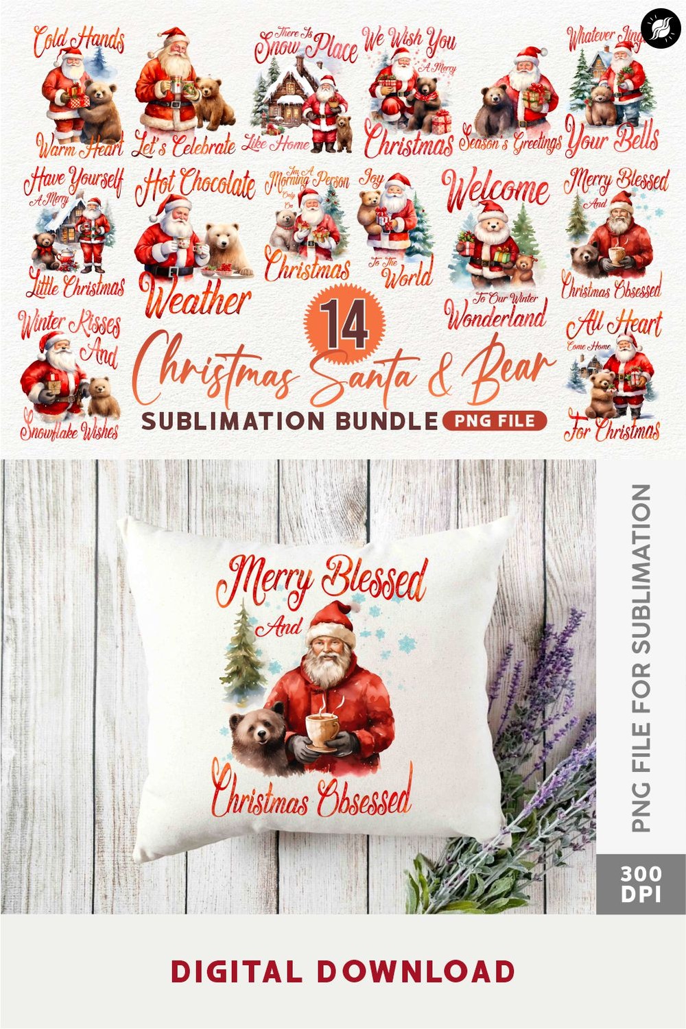 Christmas Santa and Bear Sublimation PNG Designs Bundle pinterest preview image.