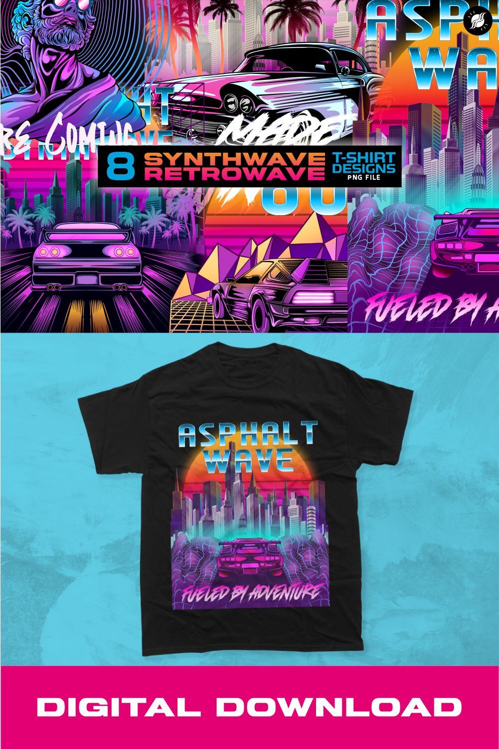 Synthwave Retrowave Futuristic T-shirt Designs PNG Bundle pinterest preview image.