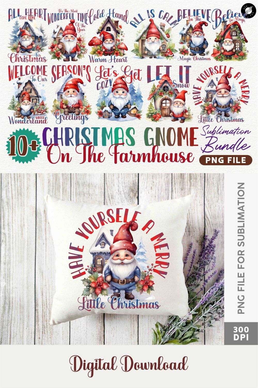 Cute Christmas Gnomes Farmhouse Sublimation Designs Bundle pinterest preview image.