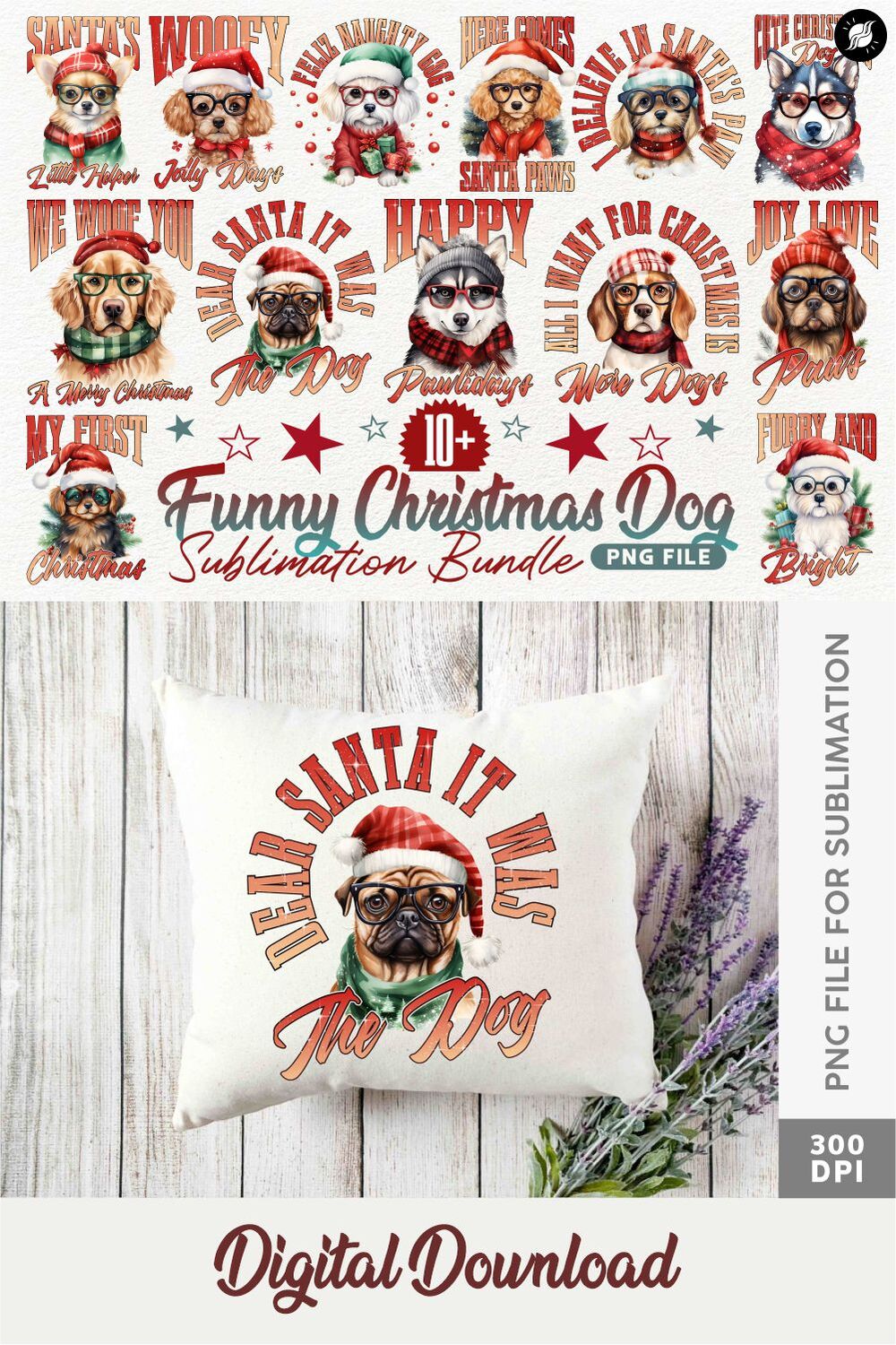 Funny Christmas Dog Sublimation Designs PNG Bundle V2 pinterest preview image.
