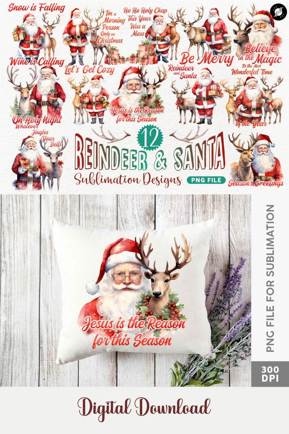 Christmas Reindeer Santa Sublimation Designs Bundle pinterest preview image.