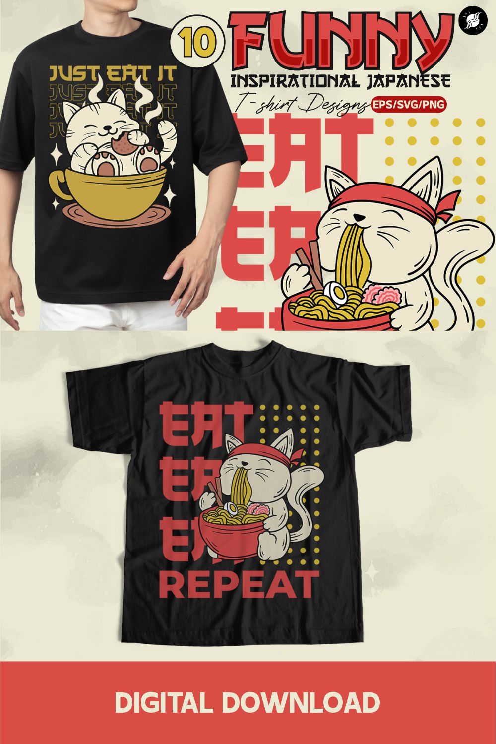 Retro Funny Japanese T-shirt Designs Bundle pinterest preview image.