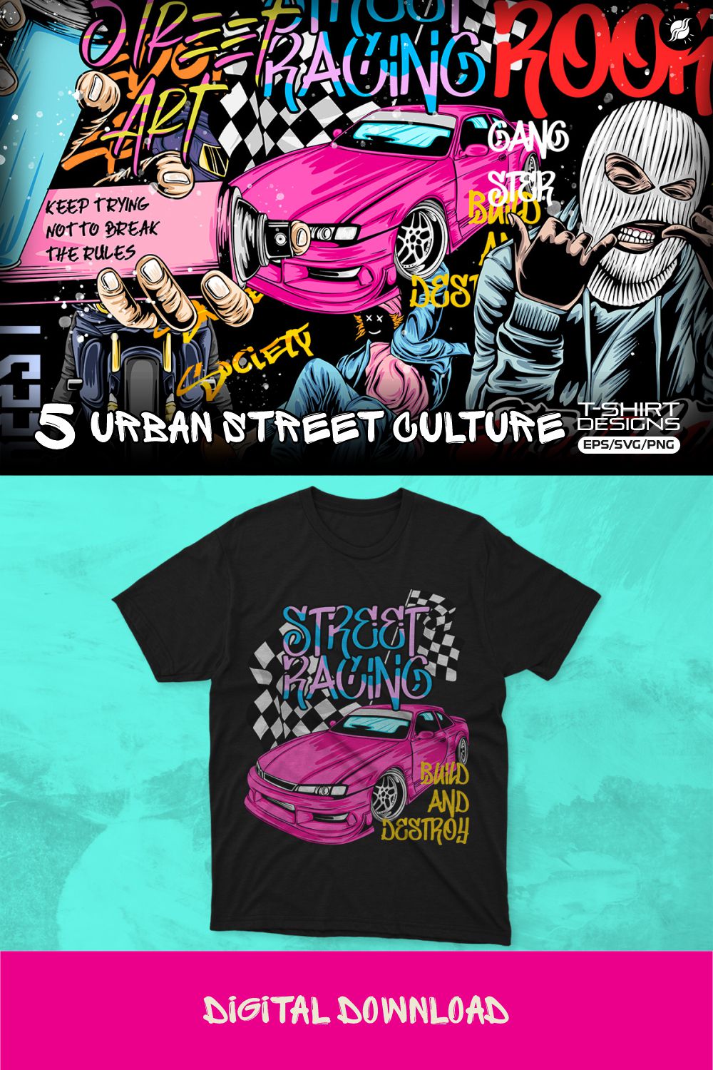 Urban Street Culture T-shirt Designs Vector Bundle pinterest preview image.