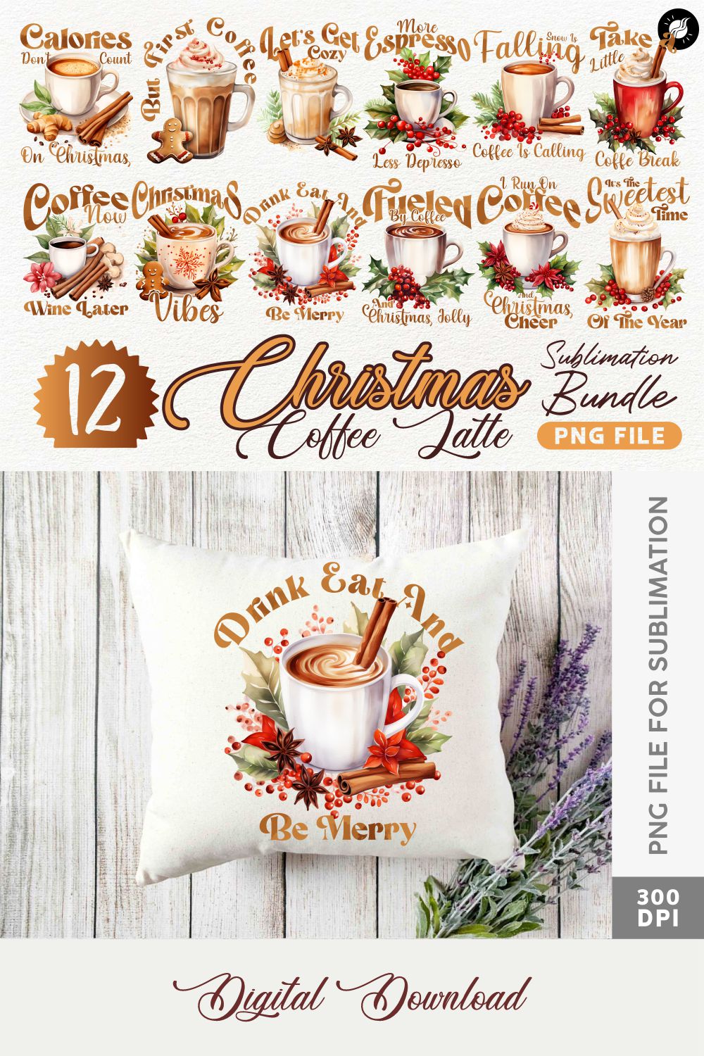 Christmas Coffee Latte Sublimation PNG Designs Bundle pinterest preview image.