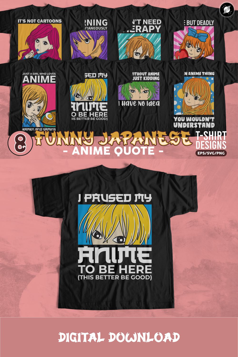 Funny Japanese Anime Quotes T-shirt Designs Bundle pinterest preview image.