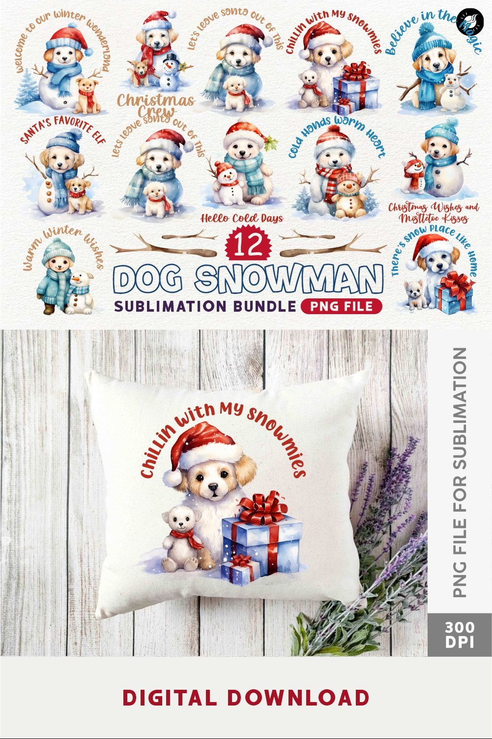 Dog Snowman Winter Sublimation PNG Designs Bundle pinterest preview image.