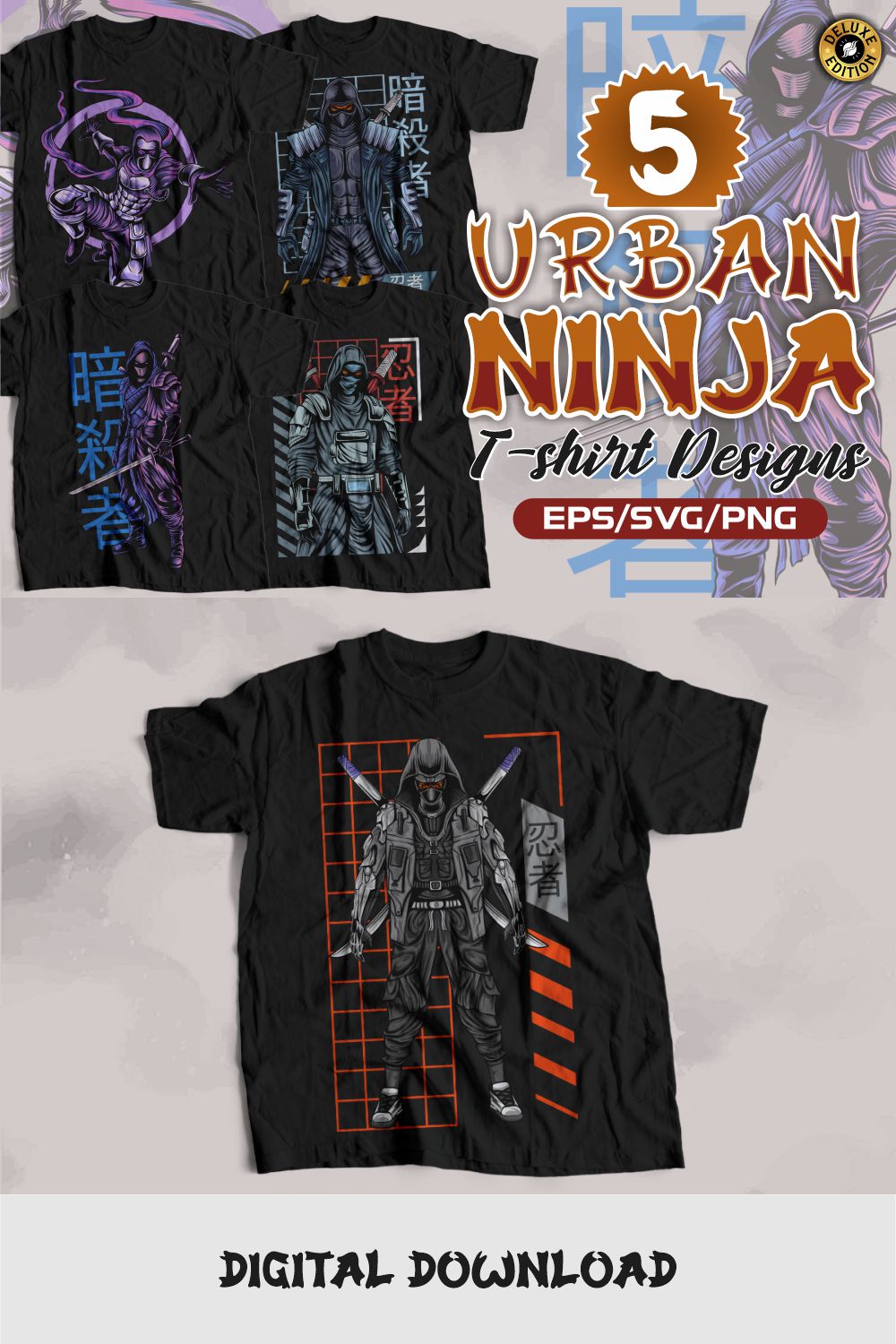 Japanese Urban Ninja Streetwear T-shirt Designs Bundle pinterest preview image.