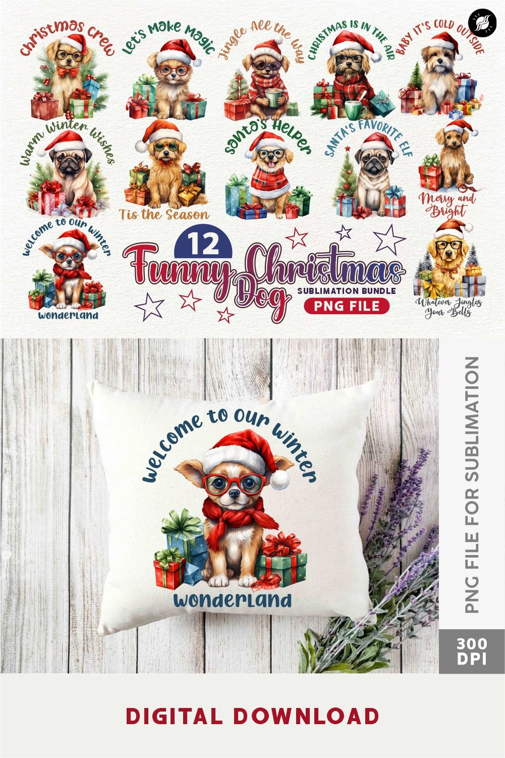 Funny Christmas Dog Sublimation PNG Designs Bundle pinterest preview image.