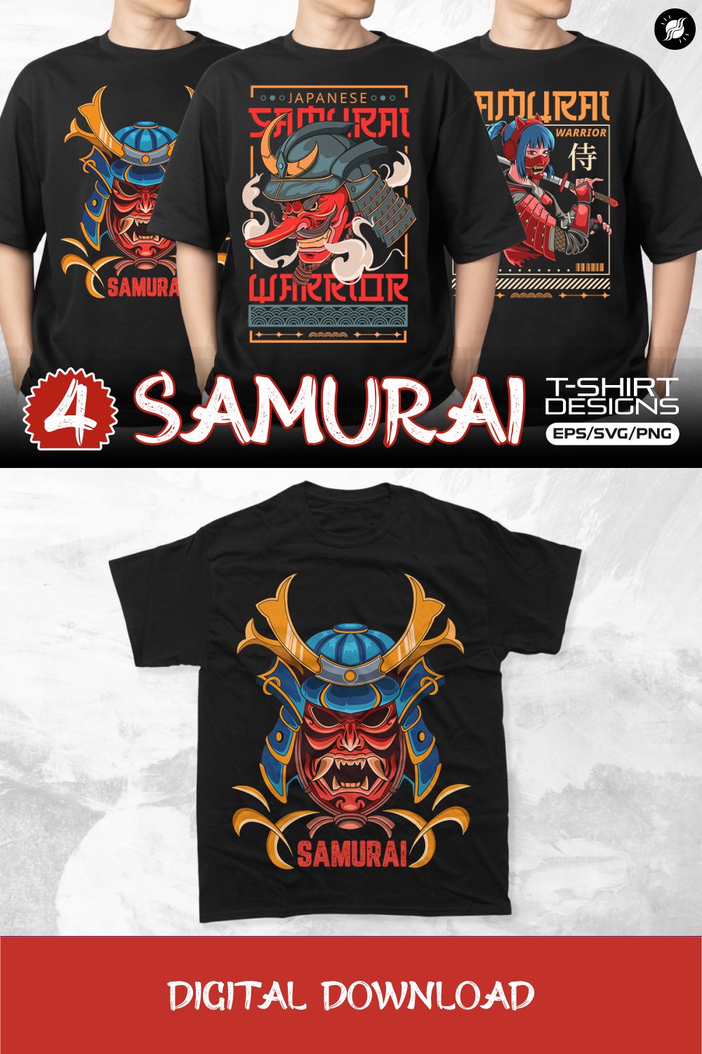 Japanese Samurai T-shirt Designs Vector Bundle pinterest preview image.