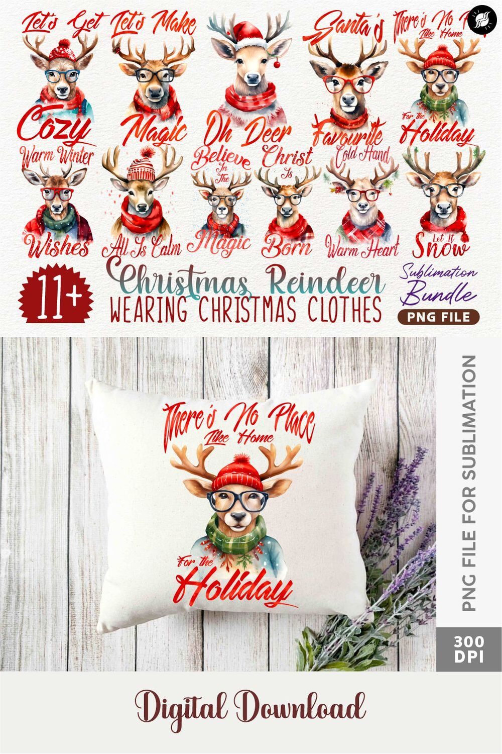 Christmas Reindeer Sublimation Designs Bundle pinterest preview image.