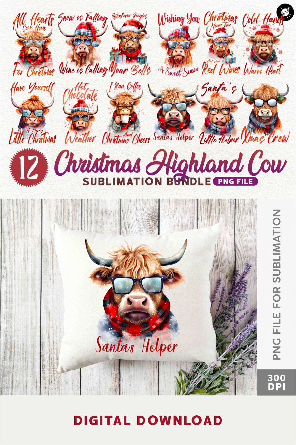 Christmas Highland Cow Sublimation PNG Designs Bundle pinterest preview image.