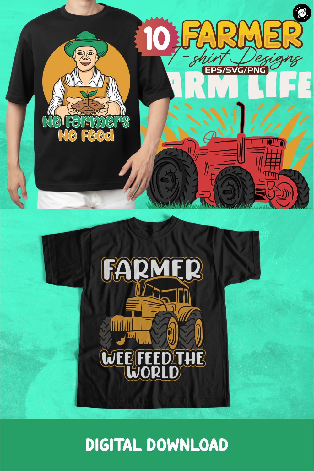 Farmer T-shirt Designs Vector Bundle, Farming T shirt Designs pinterest preview image.