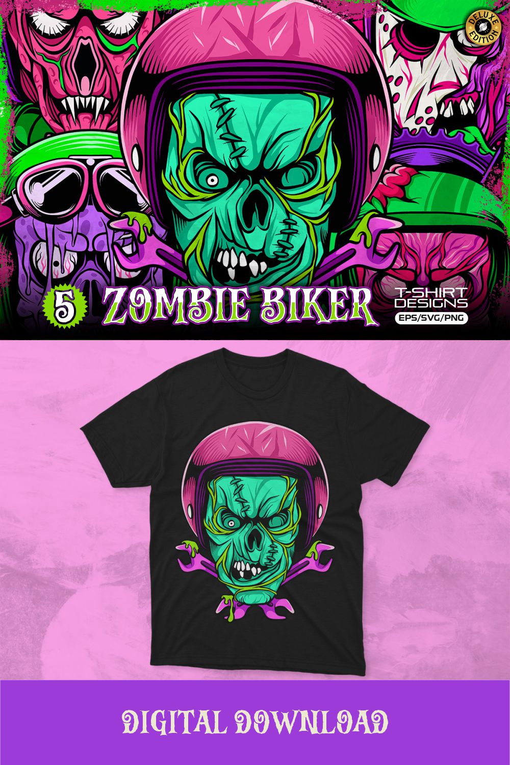Zombie Biker Skull Helmet Vector T-shirt Designs Bundle pinterest preview image.