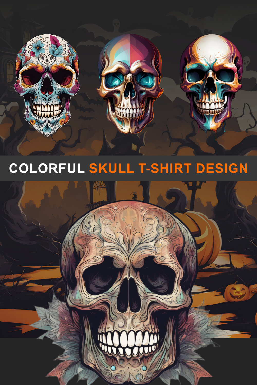 5 Colorful skull t-shirt design ready to print pinterest preview image.