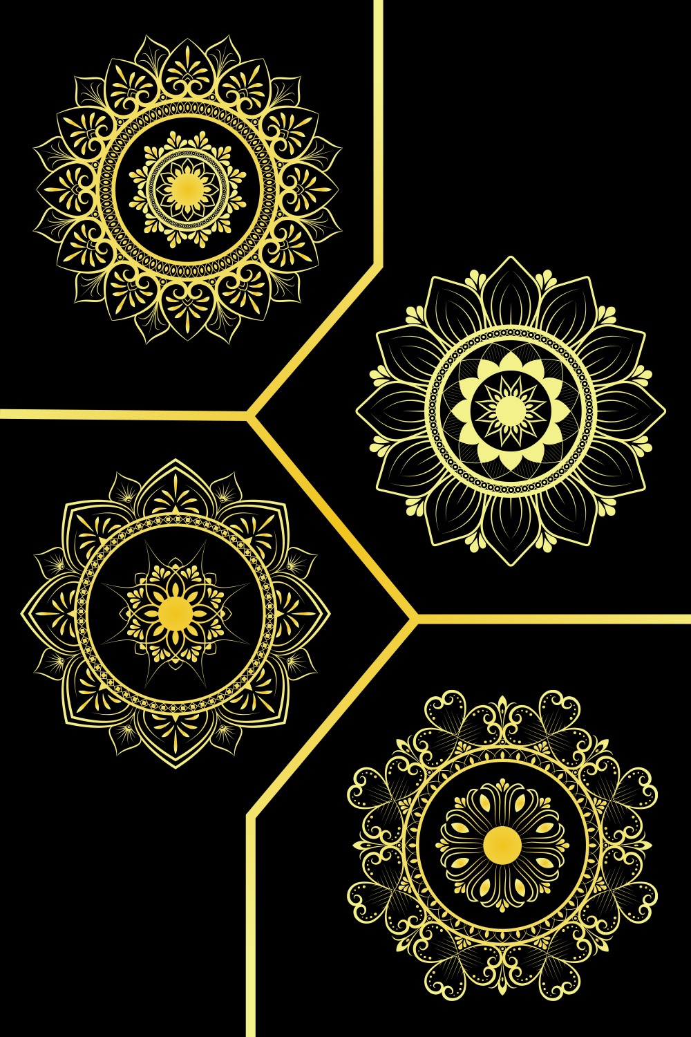 4 Luxury Golden Mandala with a black background pinterest preview image.
