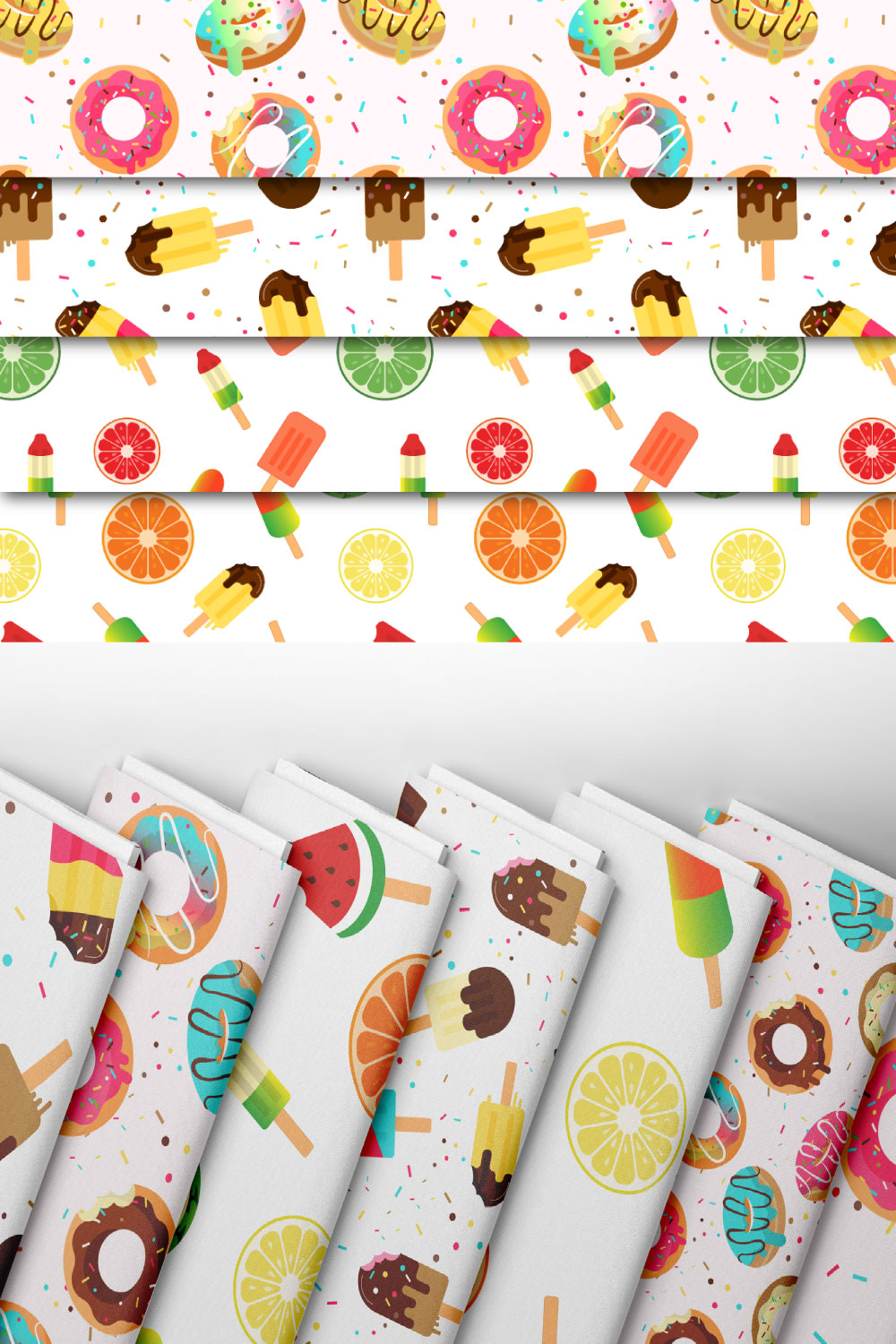 4 Seamless food patterns with colorful popsicles and donuts pinterest preview image.