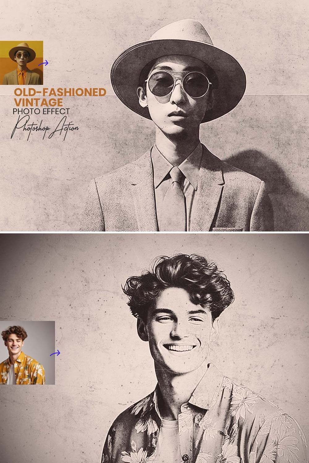 Old-fashioned Vintage Photo Effect pinterest preview image.