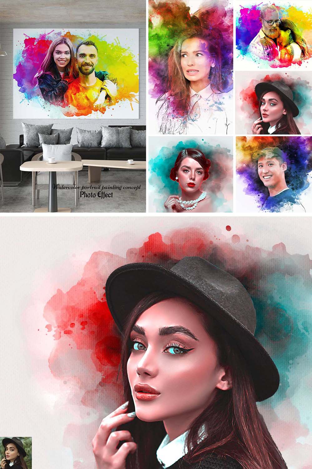 Watercolor portrait painting effect pinterest preview image.