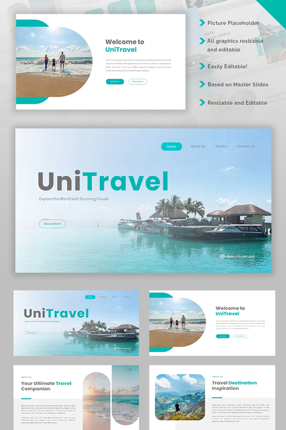 UniTravel-Travel Agency Google Slides Template pinterest preview image.