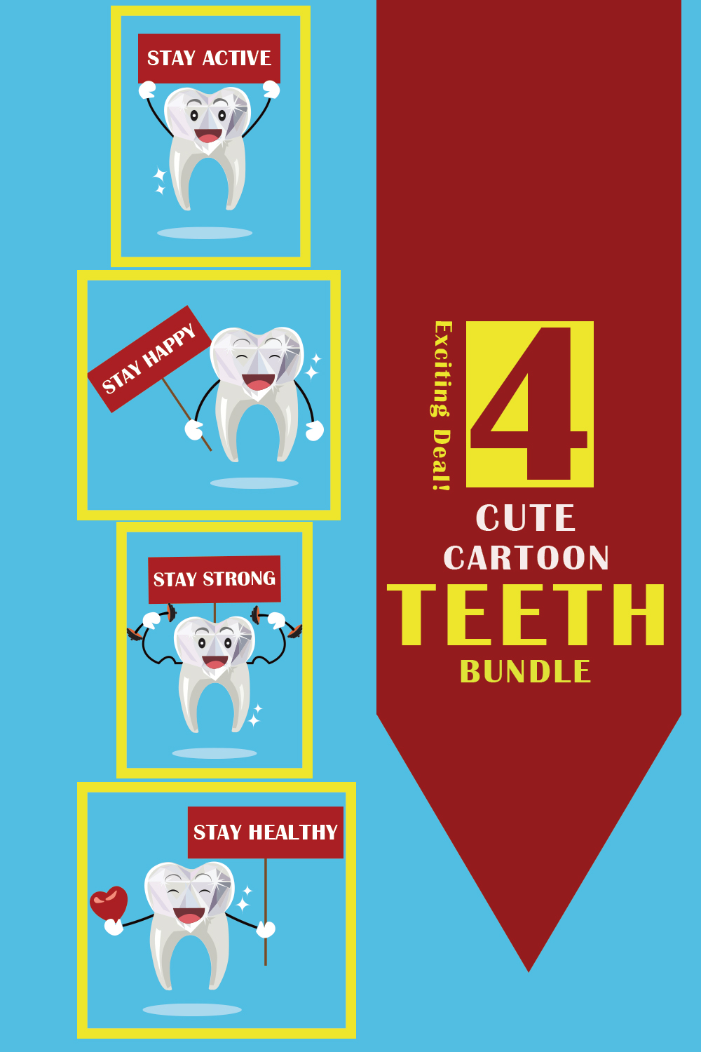 4 Cute Cartoon teeth High Quality Vector Illustration for DENTAL purposes pinterest preview image.