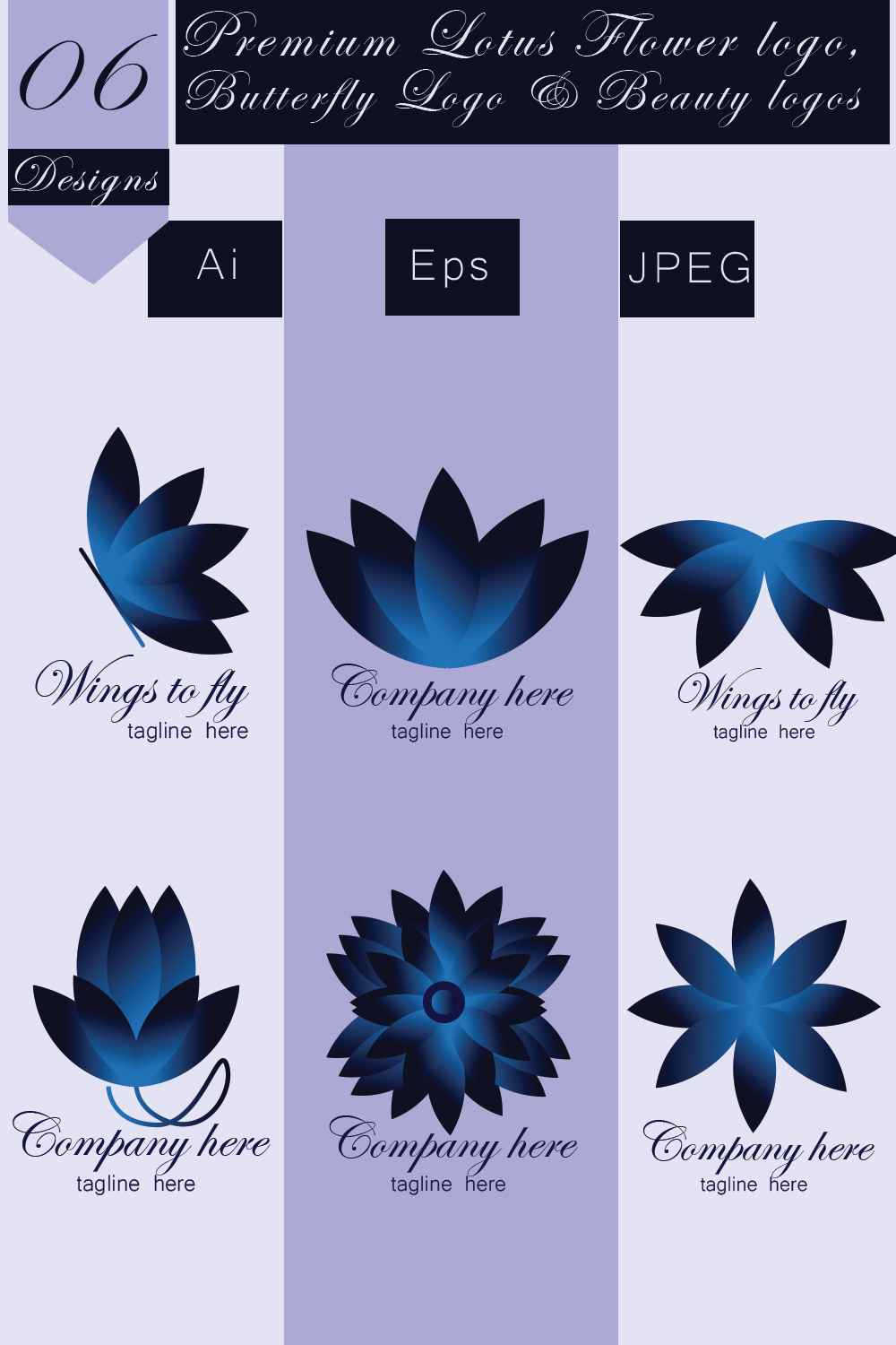 6 Premium Lotus Flower, butterfly Logo, Fashion Logos & Beauty Logos for your brand or Fashion company with Luxury Blue color pinterest preview image.