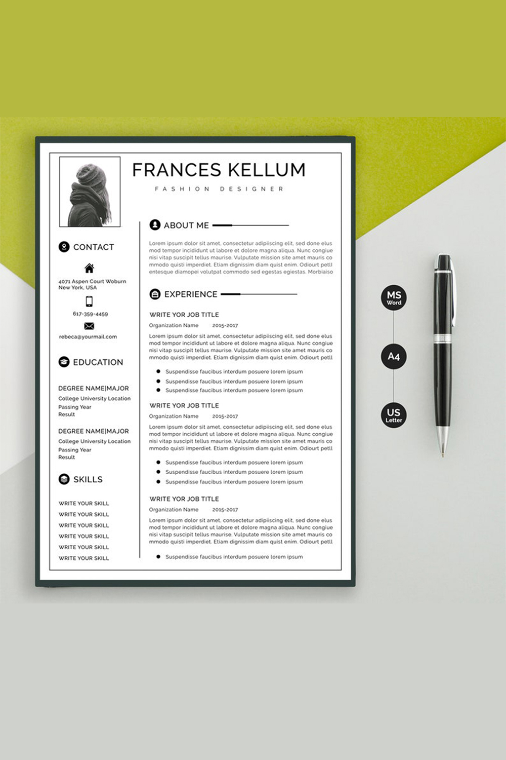 Resume template instant download, Professional resume template, Resume template word, Modern resume template, resume writing, CV template pinterest preview image.