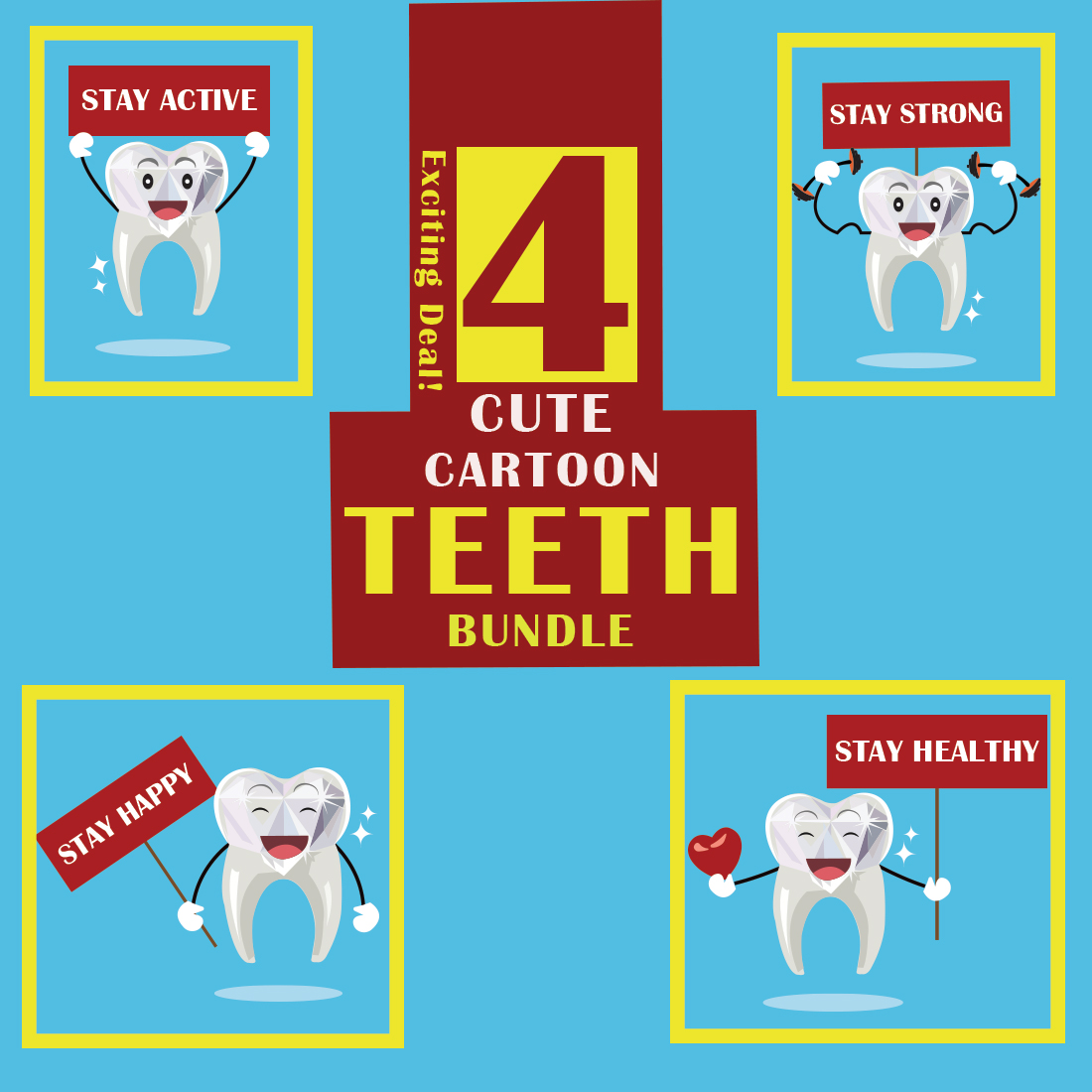 4 Cute Cartoon teeth High Quality Vector Illustration for DENTAL purposes cover image.