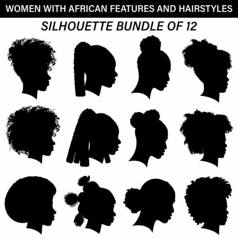 Vector Silhouette Set of Women With African Hairstyles and Features, Isolated cover image.