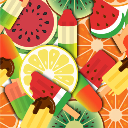 Seamless summer pattern with colorful popsicles and slices of fruit cover image.
