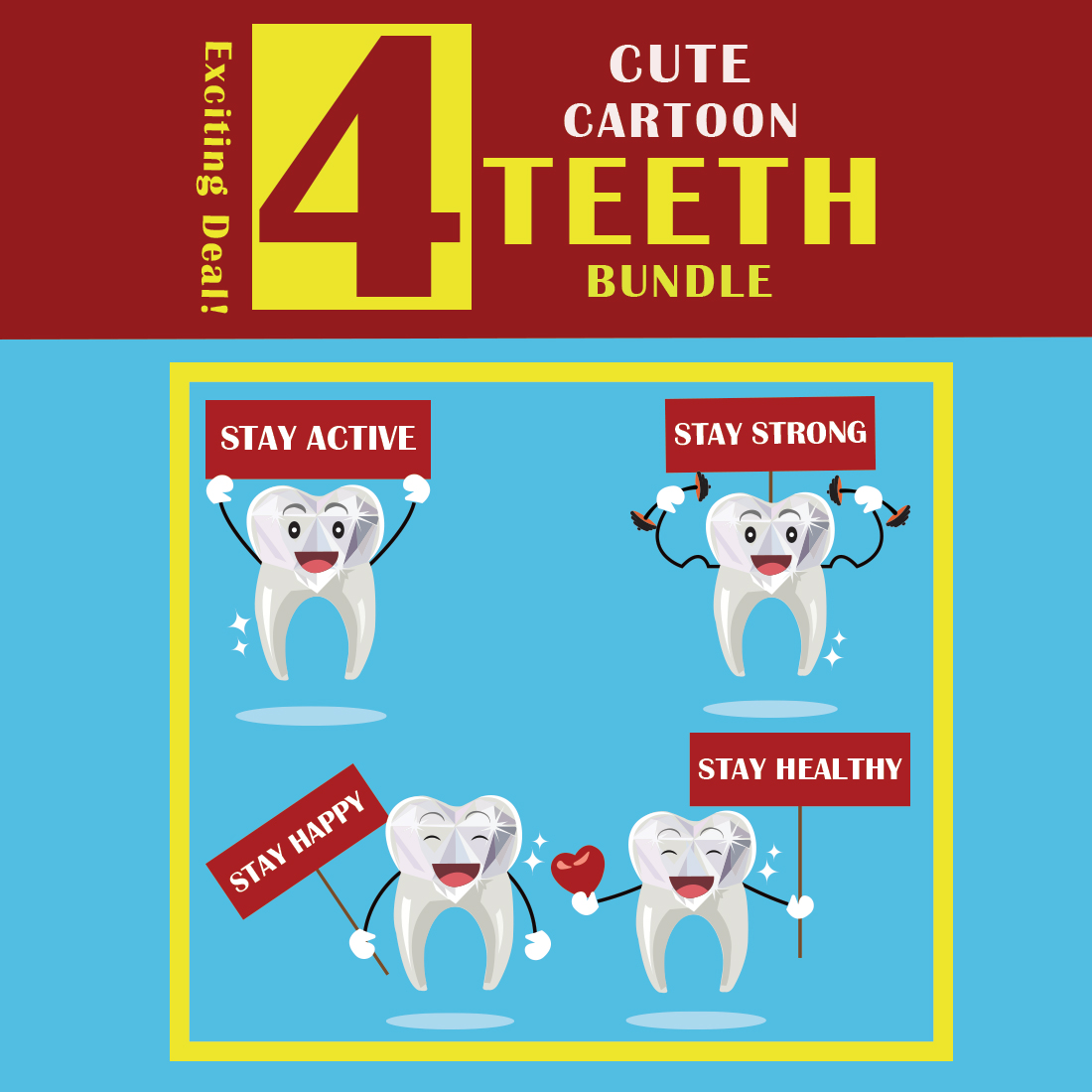 4 Cute Cartoon teeth High Quality Vector Illustration for DENTAL purposes preview image.