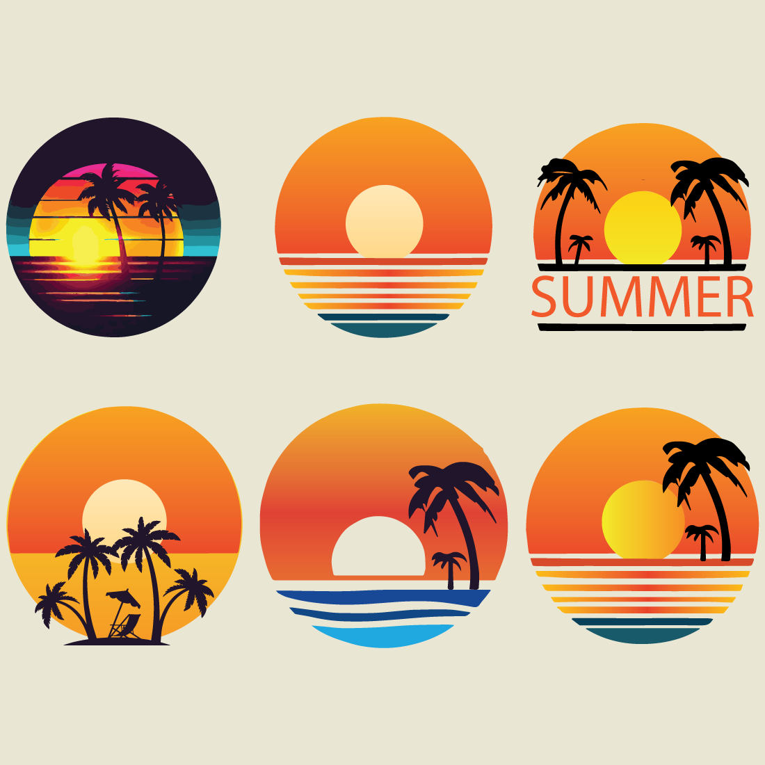 6 Beautiful summer sunset t-shirts design preview image.