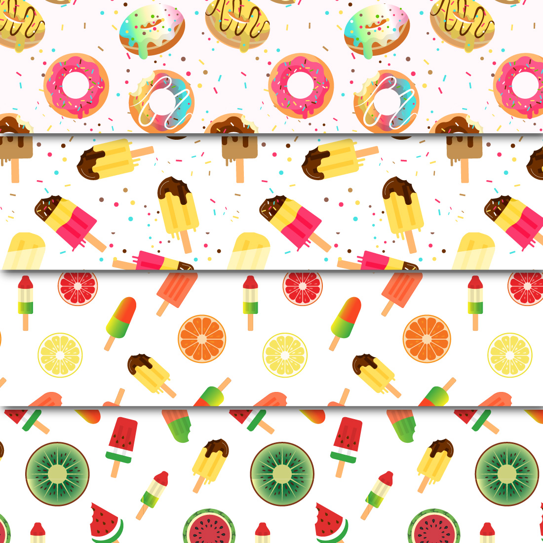 4 Seamless food patterns with colorful popsicles and donuts preview image.