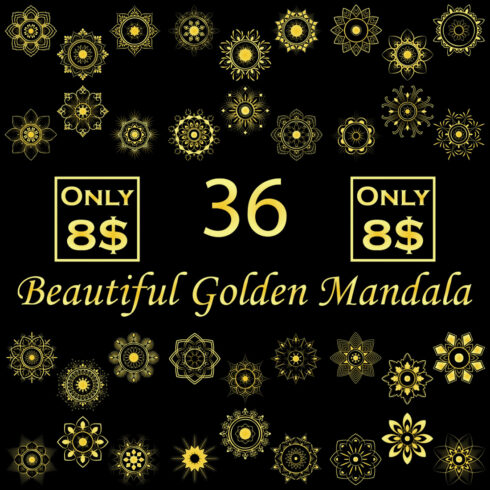 36 Beautiful Golden Mandala with Black Background cover image.