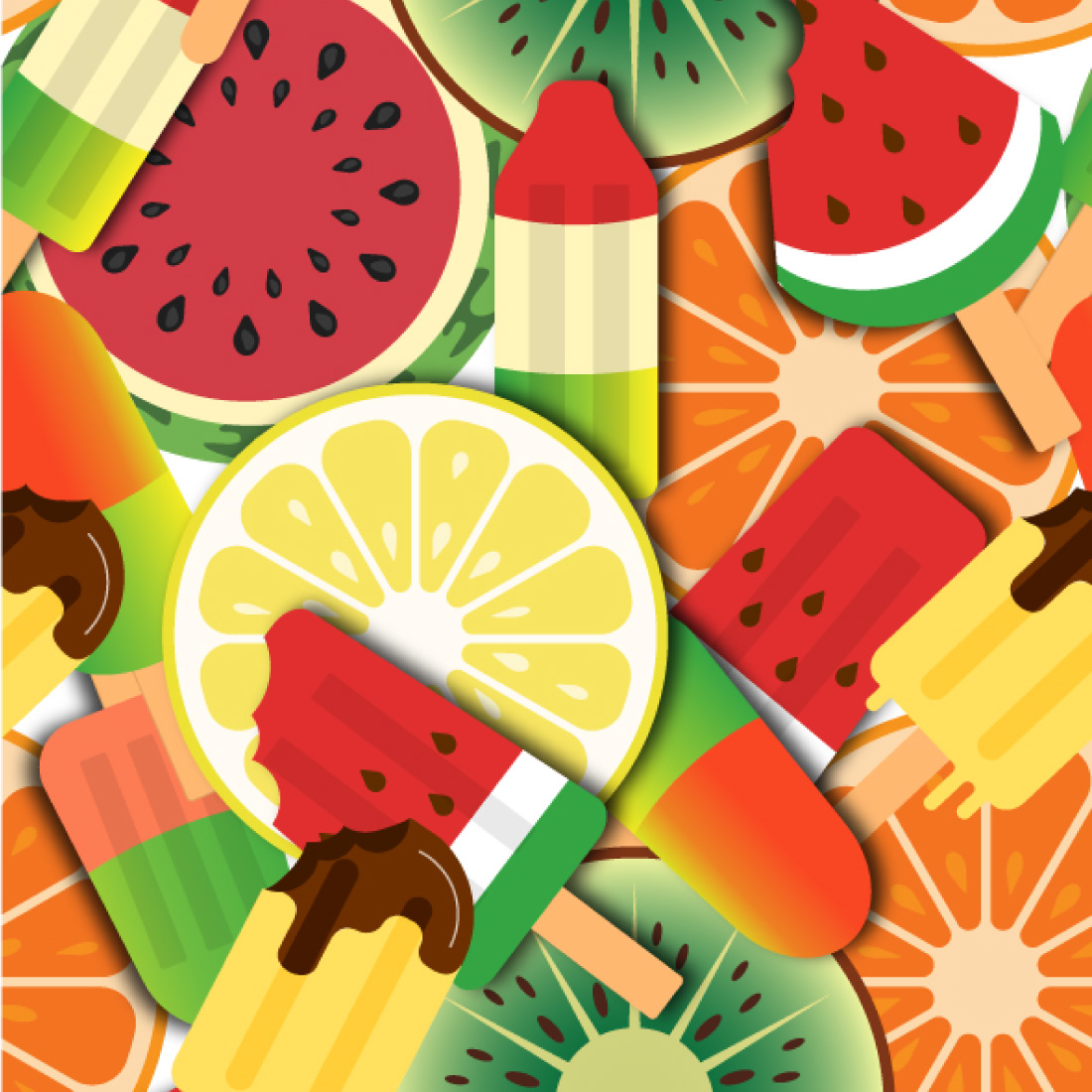 Seamless summer pattern with colorful popsicles and slices of fruit preview image.