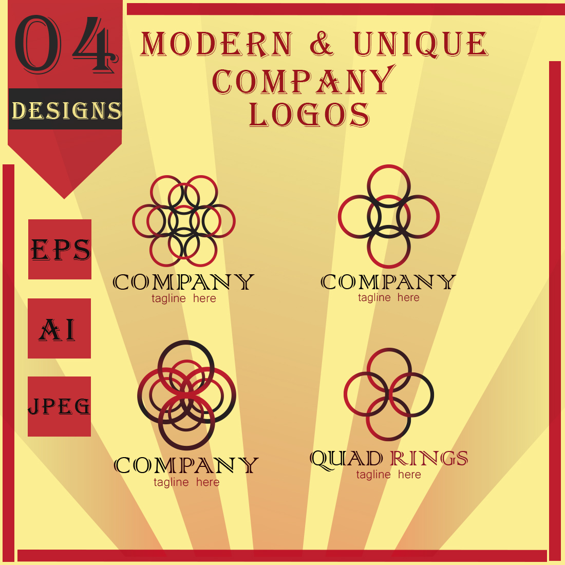 Modern & Unique Company Logos (4 Designs) with Black & White version of Logos preview image.