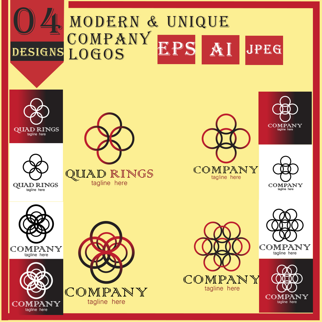 Modern & Unique Company Logos (4 Designs) with Black & White version of Logos cover image.