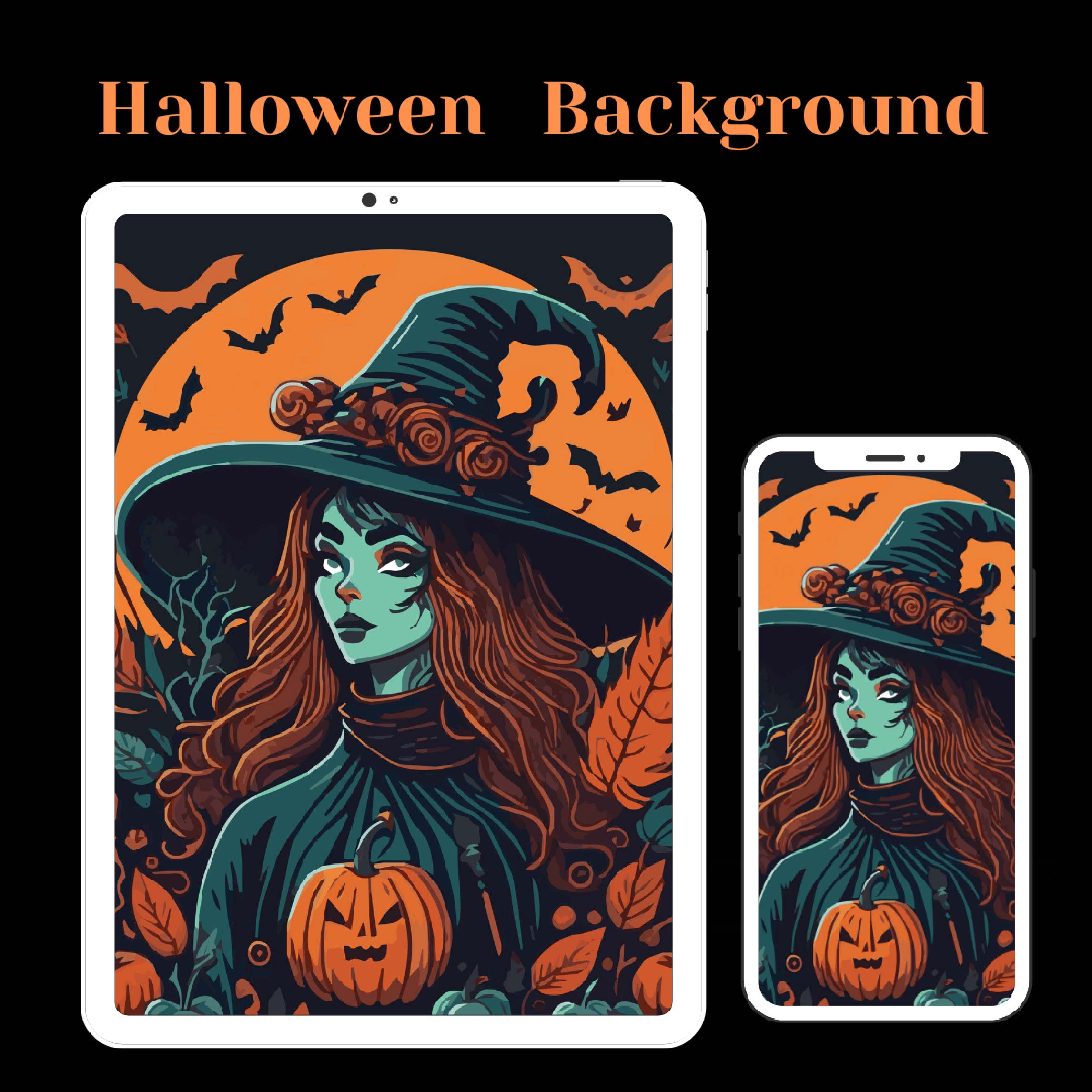 Halloween Background Witch With Pumpkins preview image.