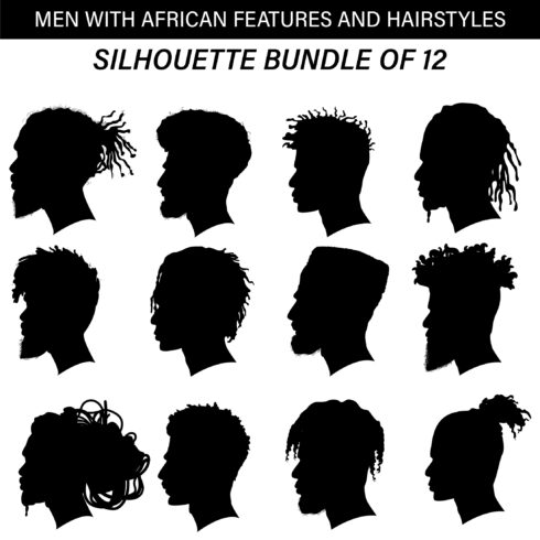 Vector Silhouette Set of Men With African Hairstyles and Features, Isolated cover image.