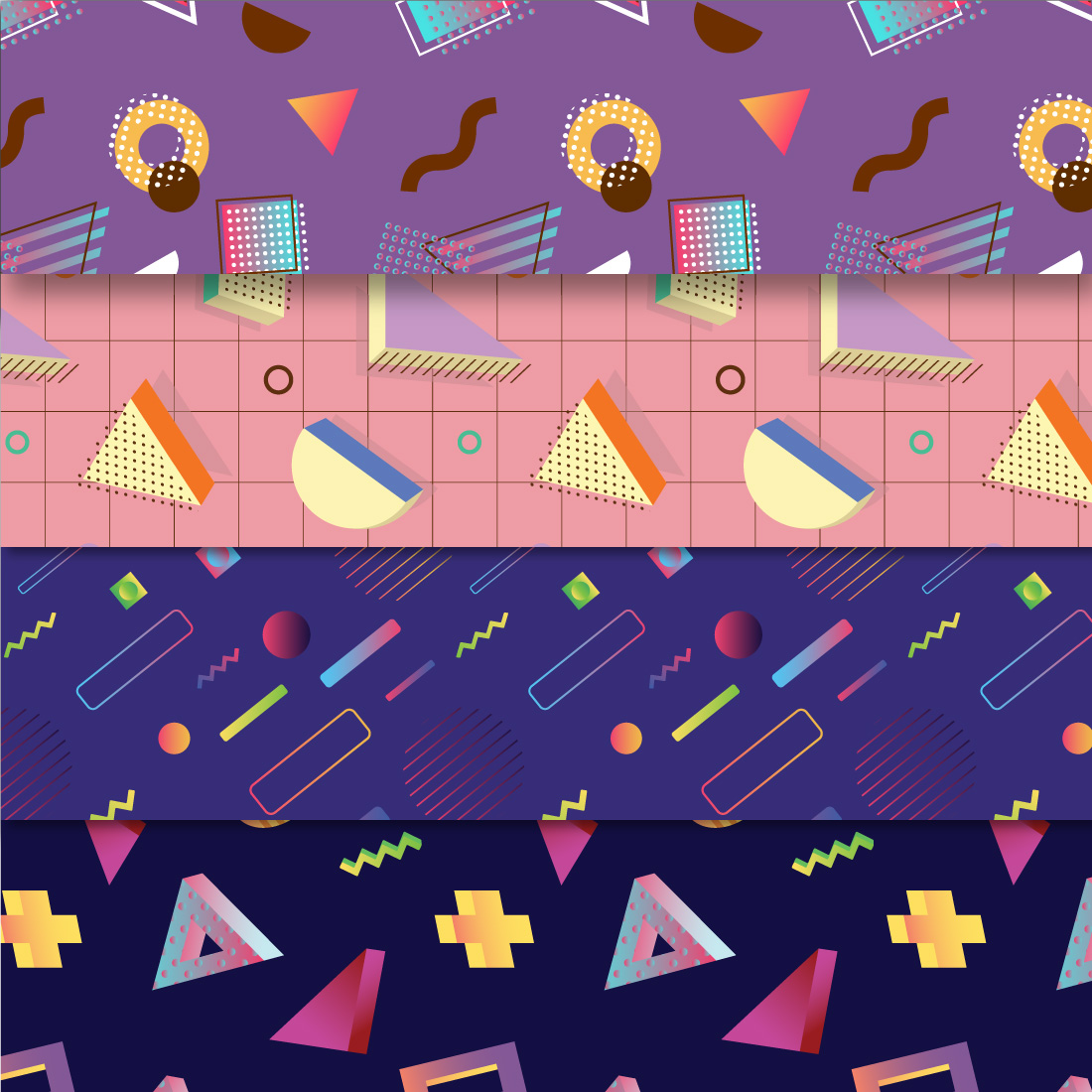 4 Seamless Colorful Memphis Patterns With Geometric Shapes preview image.