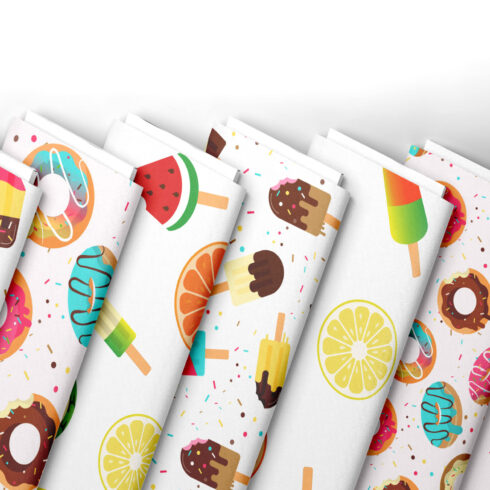 4 Seamless food patterns with colorful popsicles and donuts cover image.
