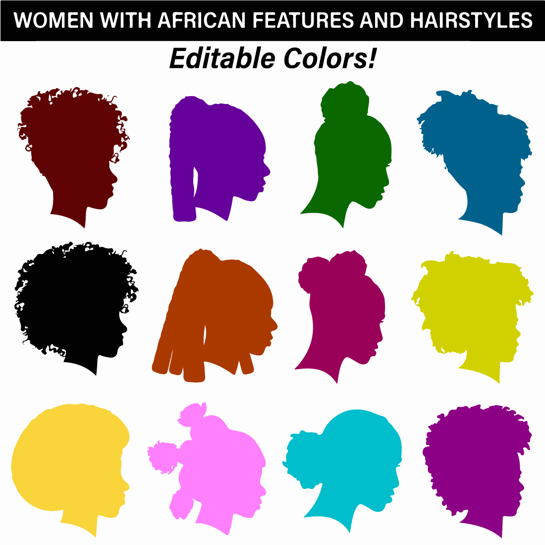 Vector Silhouette Set of Women With African Hairstyles and Features, Isolated preview image.