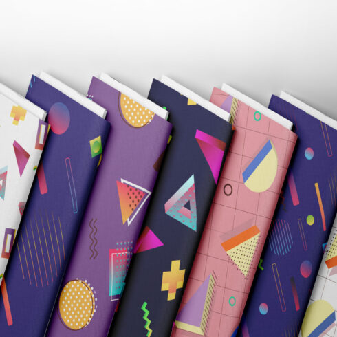 4 Seamless Colorful Memphis Patterns With Geometric Shapes cover image.