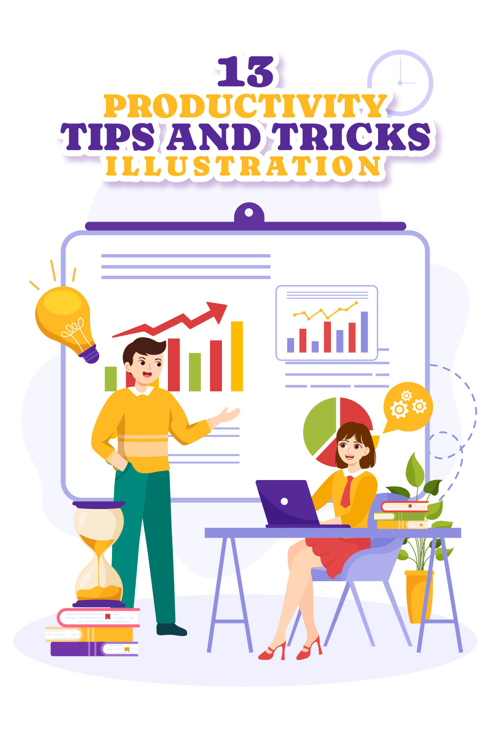 13 Productivity Tips and Trick Illustration pinterest preview image.